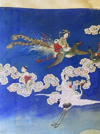 Chinese school, ink and color on canvas: 'Mountainous landscape with goddesses, mythical animals and boys', 19/20th C.